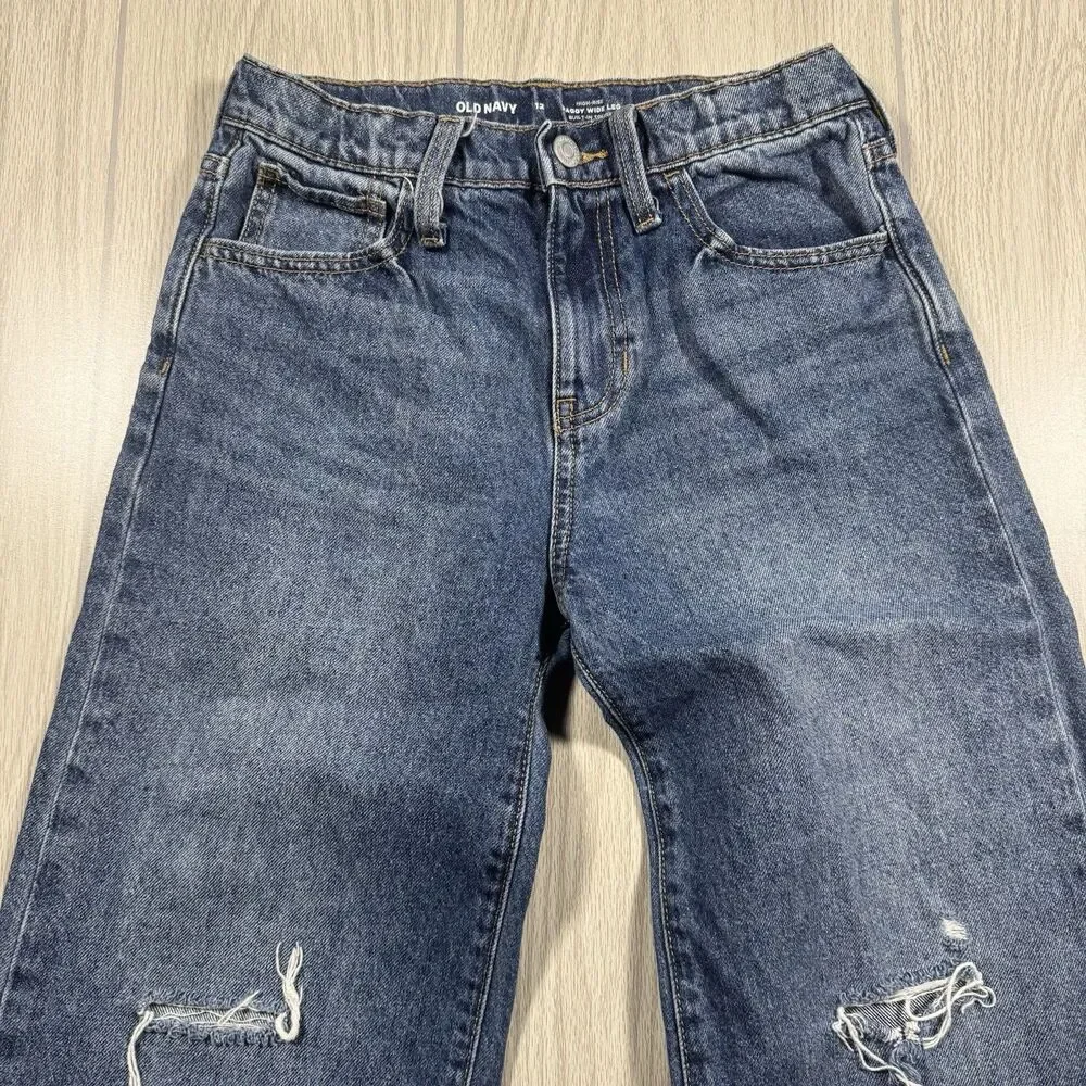 Old Navy High Rise Baggy Wide Leg Jeans Girls 12 (fits 26x24.5) Distressed Torn